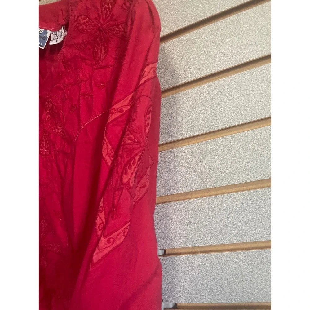 Vintage Blue Canyon Western Wear Red Embroidered Button Down‎ Shirt Top Medium
